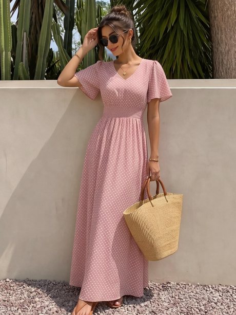 Polka Dots V-neck Waist Shaping Short Sleeves Maxi Dresses