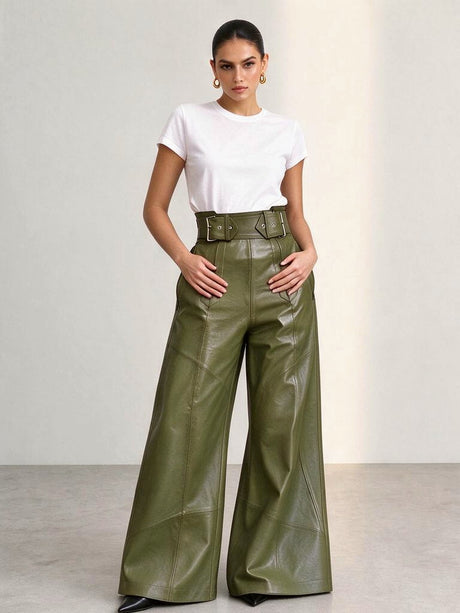 PU Straight-leg Leather Patchwork Trousers