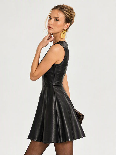 Crew Neck Sleeveless Waist PU Leather Mini&Short Dresses