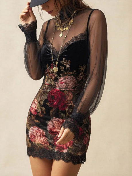 Lace Trim Floral Mesh Splicing Hip-hugging Mini&Short Dresses