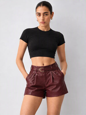 Stylish High-waisted Leather Shorts With Belt