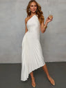 Robes maxi plissées en satin, une épaule, encolure asymétrique, couleur unie