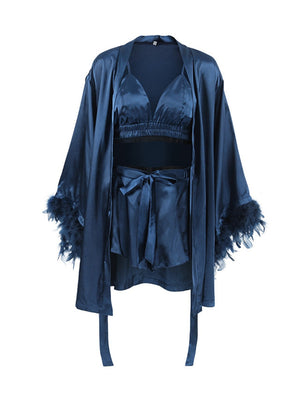 Satin Feather Three-piece Set Of Underwear, Shorts, And Bathrobe Sleepwear