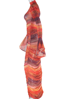 【SHIP AS USUAL】 Print Flared Long Sleeves Crew Neck Hip-hugging Maxi Dresses