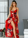 High-slit V-neck Floral Print Suspender Maxi Dress