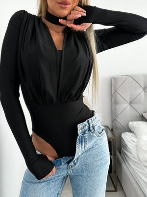 V-neck Slim Fit Pleated Decoration Base Layer Splicing Long-sleeved Bodysuit