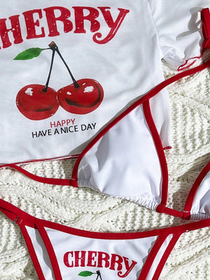 Cherry Print Lace-Up Bikini Three-Piece Set