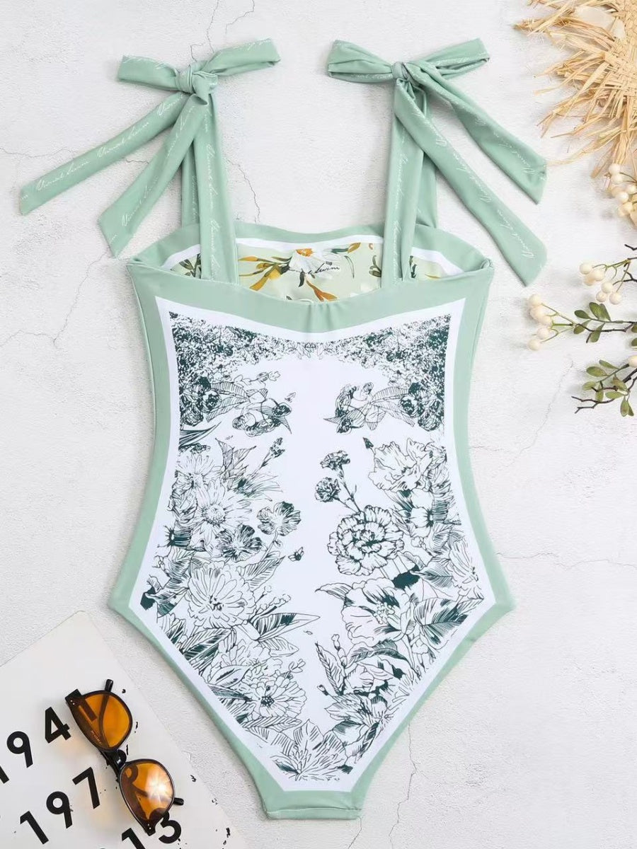 Double-sided Printed Retro-style Fresh Strapless Tie-up Swimsuit