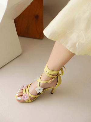 Color-blocked Floral Bohemian Style High-heeled Strappy Sandals