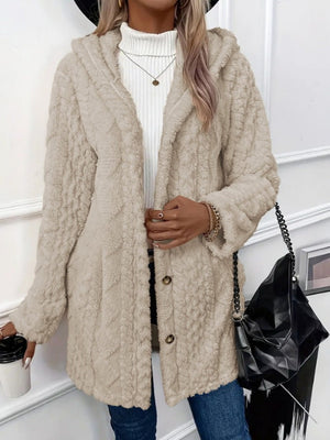 Hooded Solid Color Cardigan Button Long Sleeve Casual 3D Pattern Jackets