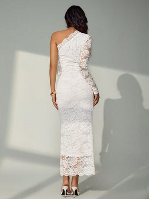 Lace Hollow Asymmetrical Sloping Shoulders Hip-hugging Formal Dress Maxi Dresses