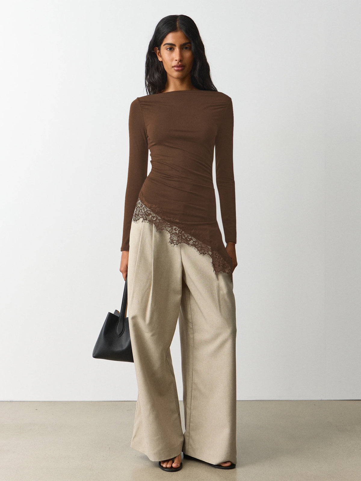 New Women's Simple Solid Color Design, Lace Trim And Slits At The Hem, Slim Fit Long Sleeve Top