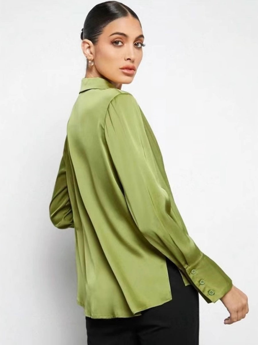 Satin Buttons Solid Color Long Sleeve Shirts