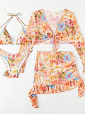 Floral Print Ruffled Bikini Four-Piece Set