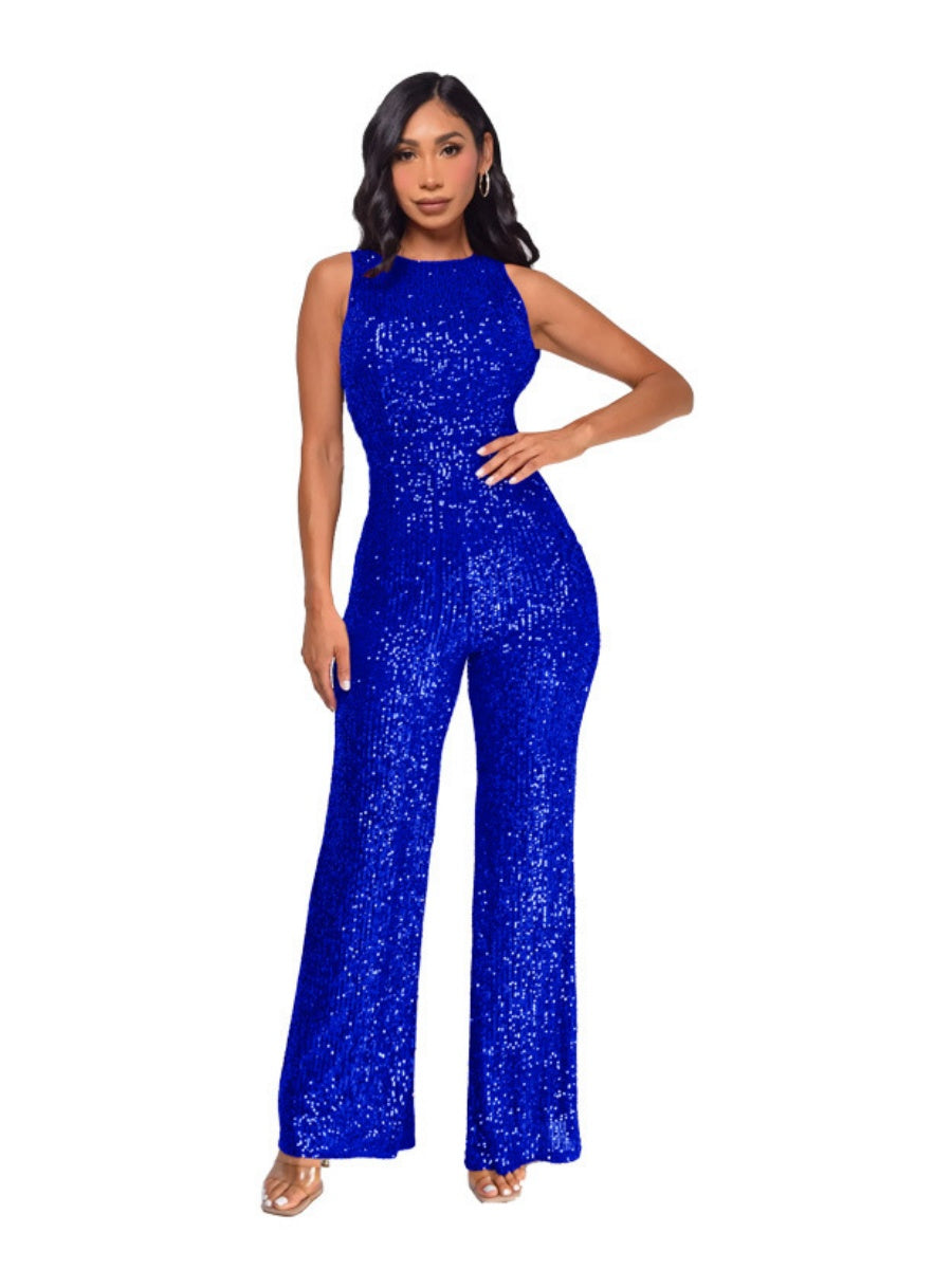 Sleeveless Sequins Slim Fit Crew Neck Wide Leg Jumpsuits
