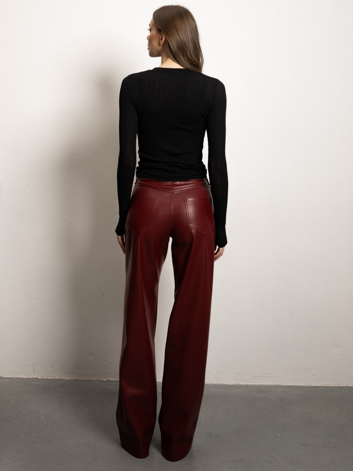 High-waisted Slim-fit Straight-leg PU Leather Pants