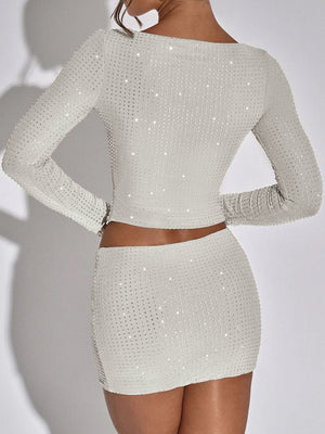 Rhinestone-studded Long-sleeved T-shirt And Skirt Two-piece Set