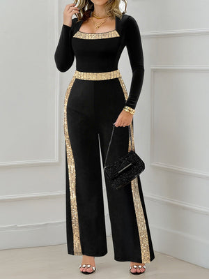 Sequined Black Square Neck Slim Waist Jumpsuit