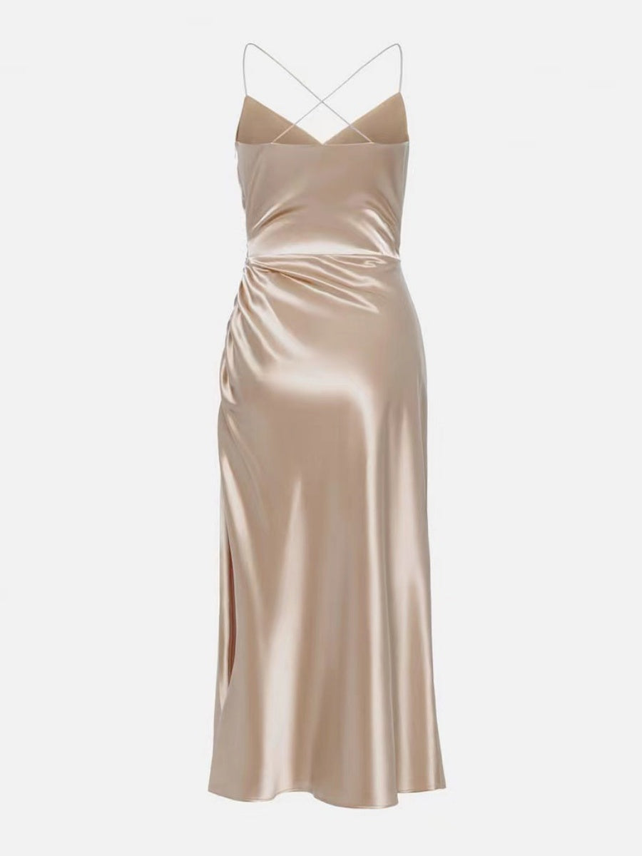 Satin Sexy Backless Halter Top With Slit Maxi Dresses