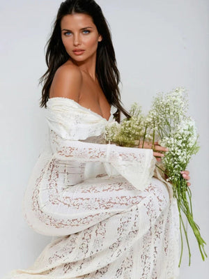 【EXPÉDITION NORMALE】Robes maxi moulantes en dentelle ajourée, épaules dénudées et manches évasées