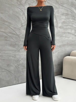 Leisure Pleated Solid Color Long Sleeve 2-piece Sets