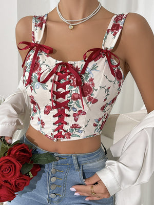 Sweet Floral Bow Lace Up Camisoles