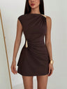 Metal Buckle Pleated Slim-fit Hip-hugging Mini&Short Dresses