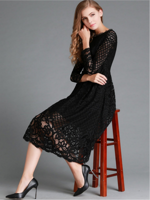 Round Neck Lace Long Sleeve Slim Midi Dress