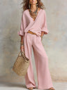Casual Natural Linen Loose V-neck Vacation Two-piece Set