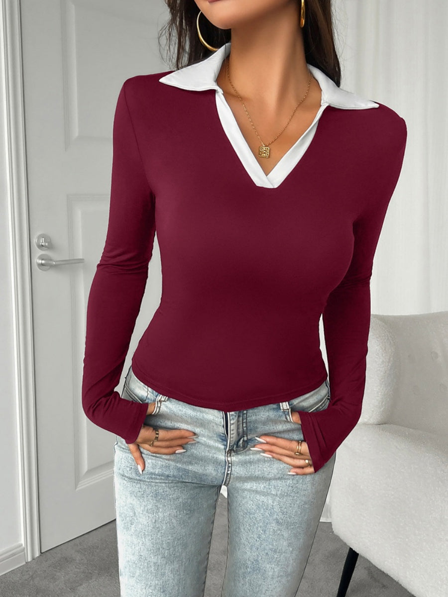 Simplicity Contrast Lapels Long Sleeve T-shirts