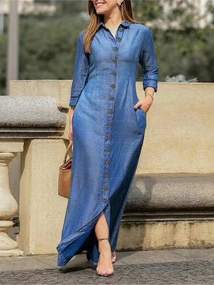 Shirt Collar, Pocket, Wide-hem Denim Maxi Dress