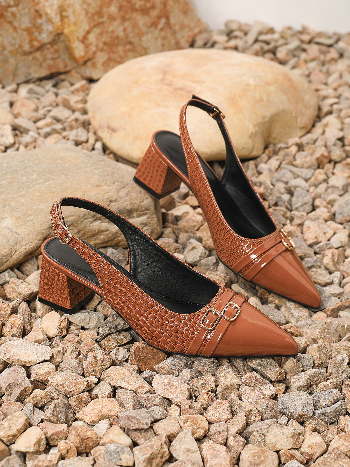 Pointed-toe Embossed Patchwork Open-back High Heels
