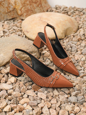 Pointed-toe Embossed Patchwork Open-back High Heels