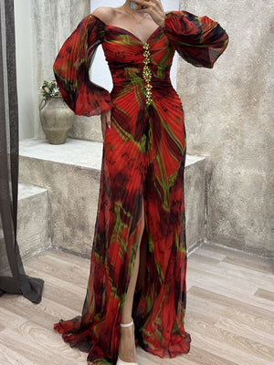 Crimp Long Sleeve Floral Printed Reunion Maxi Dresses