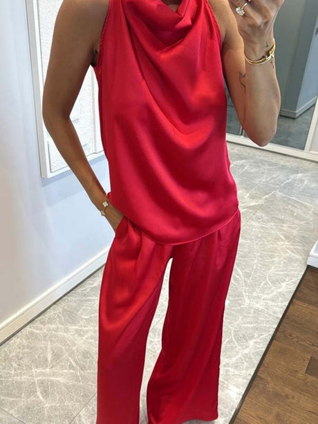 Swing Collar Sleeveless Top Straight-leg Trousers Set 2-piece Sets