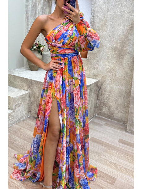 Floral Print Mesh Off-shoulder Maxi Dresses