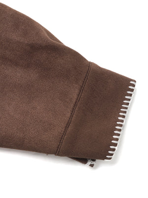 Loose-fitting Faux Suede Coat With Contrasting Trim And Lapel.