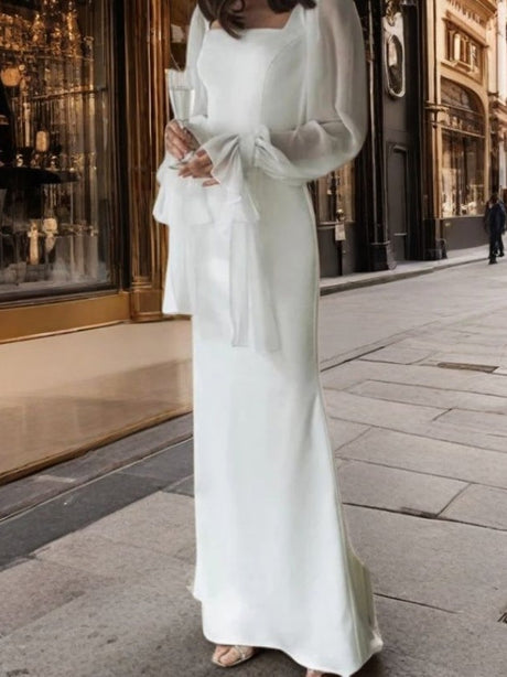 Square Neckline Fitted Long-sleeved Dress With Mesh Paneling