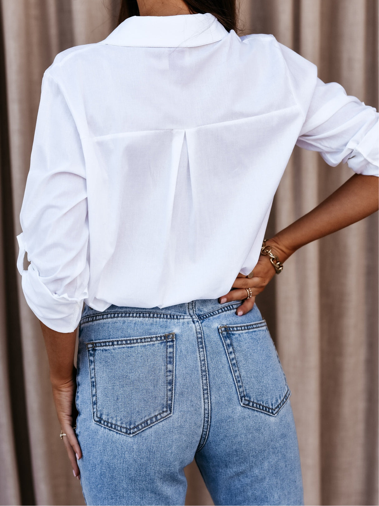 Simple Long-sleeved V-neck Button-down Shirt