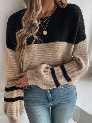 Long Sleeve Crew Neck Color Matching Knitting Pullover Sweater