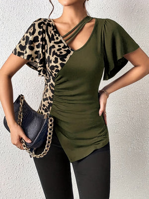 Splicing Stripes Asymmetrical Leopard Print T-shirts