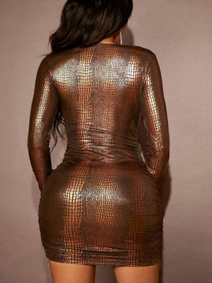 Long Sleeve Crocodile Patent Leather Slim Fit Party Tight Mini Dress