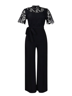 Lace Trim Hollow Short Sleeve Bandage High Waist Wide Leg Jumpsuits