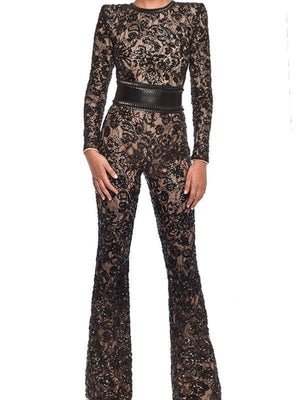 Lace-trimmed Bodycon Jumpsuit With Belt