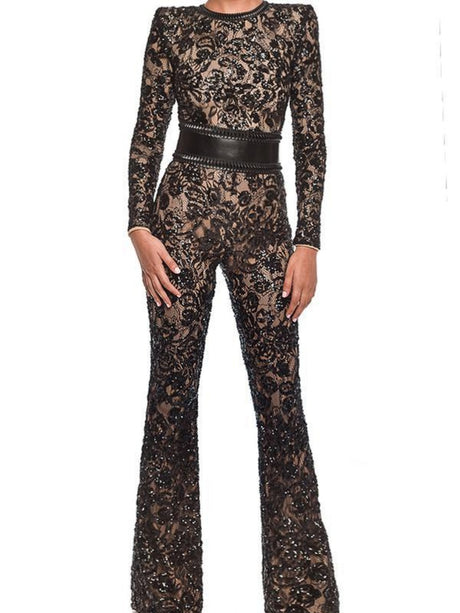 Lace-trimmed Bodycon Jumpsuit With Belt