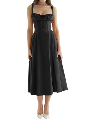 Waist Cinching With Straps A-line Skirt Split Suspenders Sweet Maxi Dresses