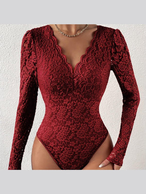 Lace Long Sleeve Perspective Slim Fit Bodysuit