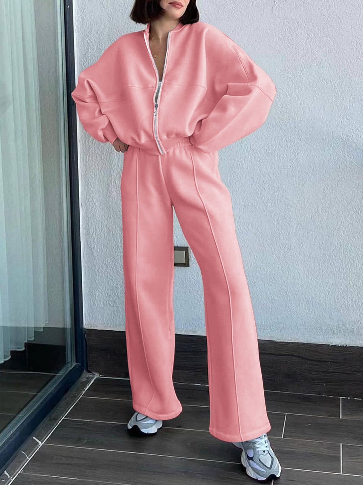 Sporty Style Long-sleeved Jacket Solid Color Trousers Two-piece Set