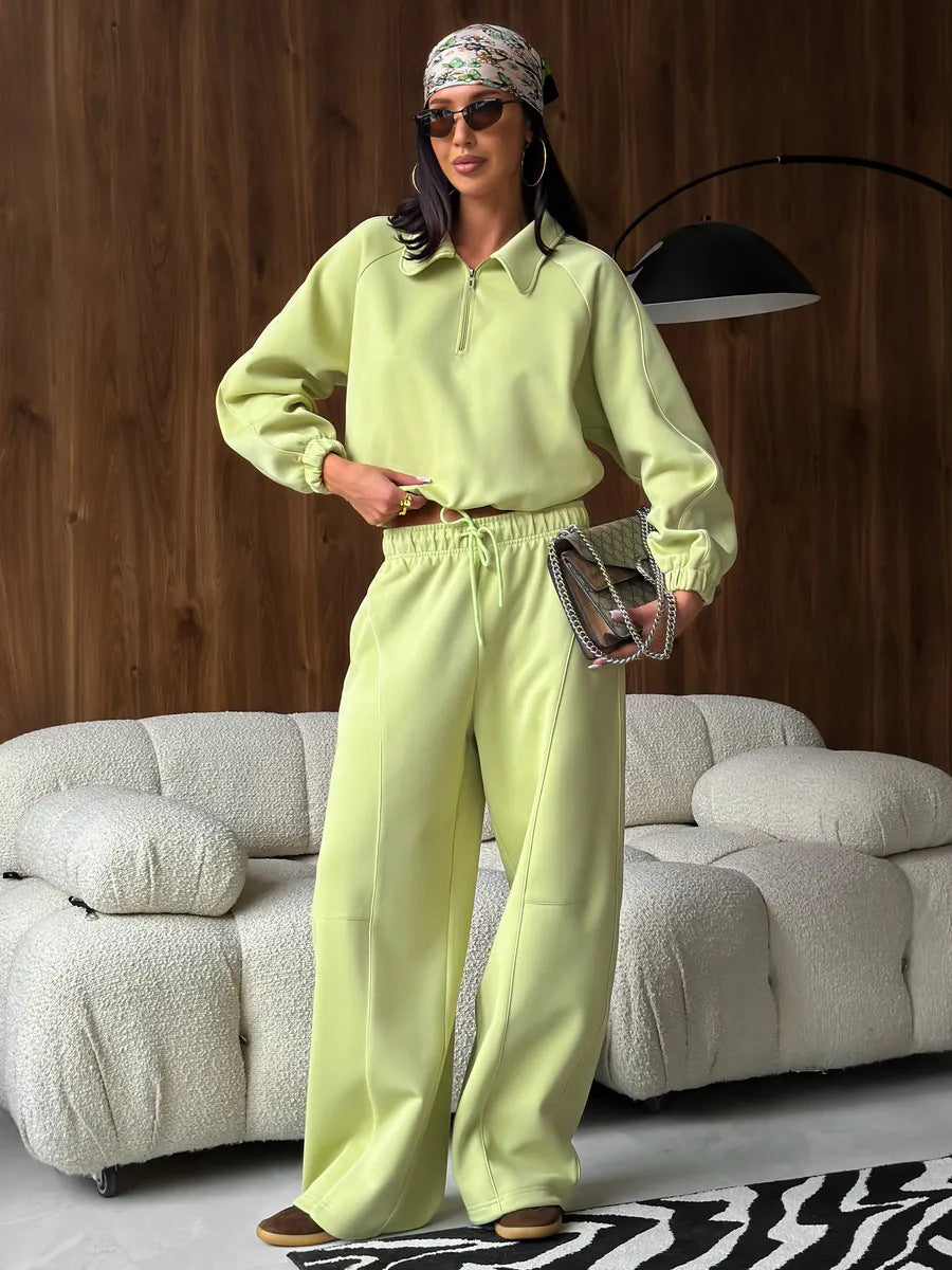 American Retro Color-blocked Striped Tracksuit For Women Two-piece Set: Collared Half-zip Sweatshirt And High-waisted Wide-leg Sweatpants