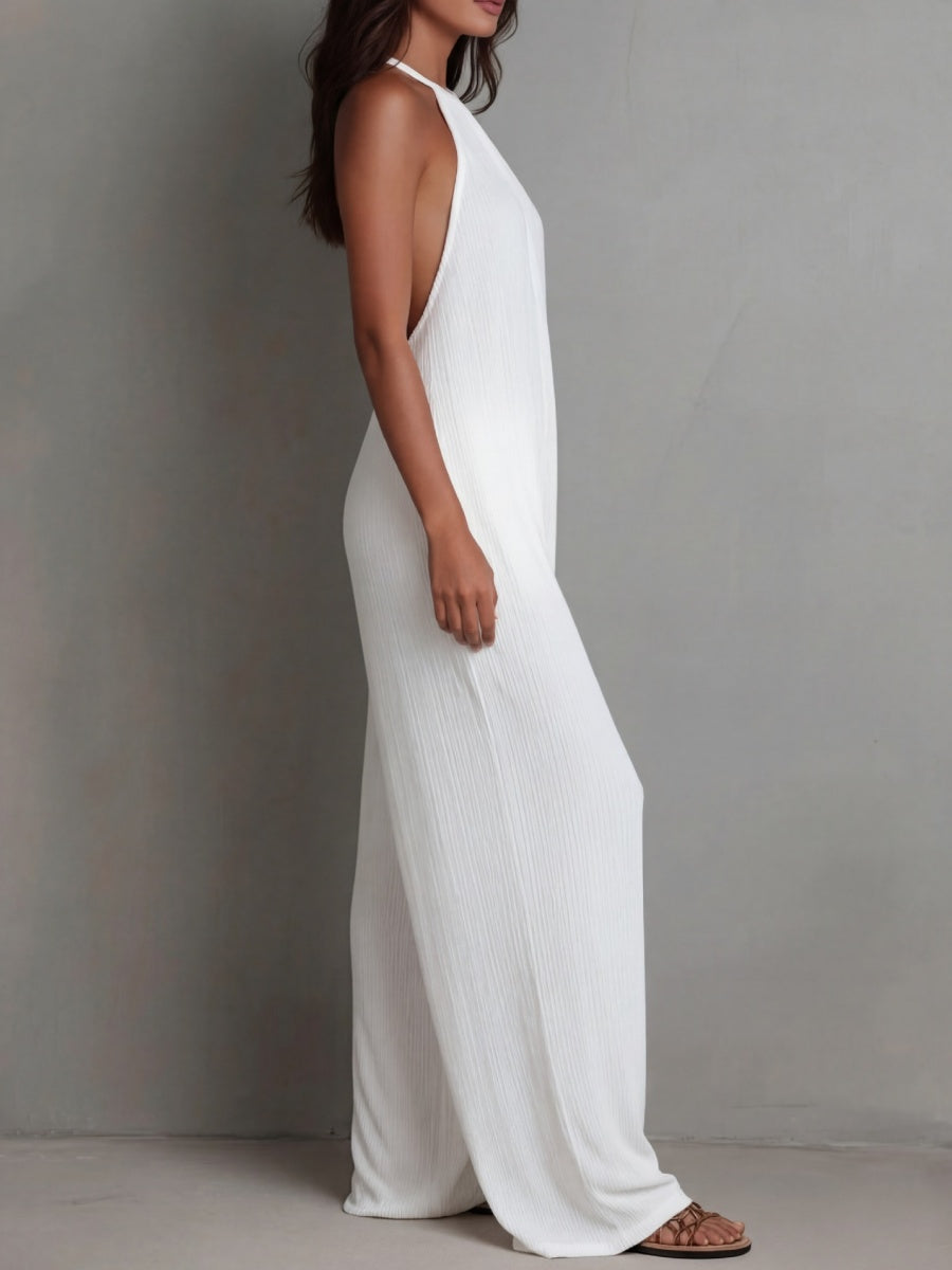 Halter-neck Sleeveless Resort-style White Pleated Backless Wide-leg Jumpsuit